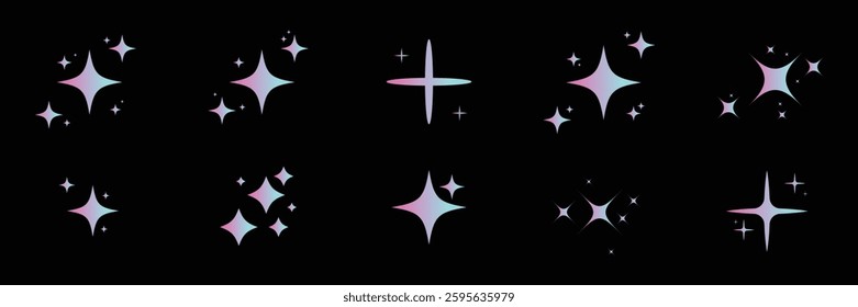 Sparkle star vector icons set. Star icons vector set. Shine or sparkle vector set of ten various stars in gradient color on black background.