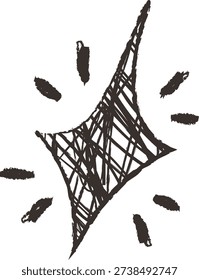 Sparkle starburst with rough crosshatch lines and ink specks on white. Symbol of shine, highlight, new idea, and attention grabber. Cartoon vector illustration.