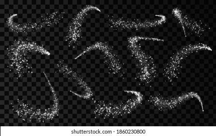 Sparkle starpolvo. Ola de plata brillante. Cometa mágico con rastro. Estrellas brillantes.