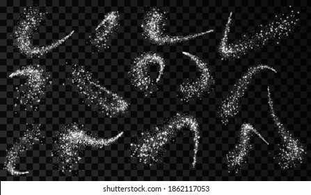 Sparkle starpolvo. Ola de plata brillante. Cometa mágico con rastro. Estrellas brillantes.