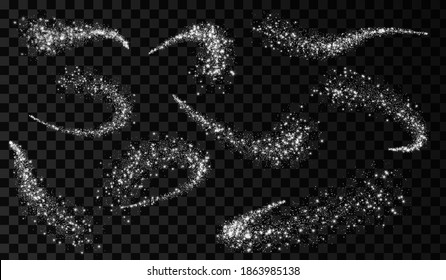 Sparkle stardust. Glitter silver wave. Magic comet with trail. Shining stars.