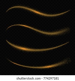 Sparkle stardust. gold glitter trail wave with sparkle particles isolated on transparent background.