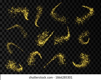 Sparkle starpolvo. Ola de plata de oro. Cometa mágico con rastro. Estrellas brillantes.