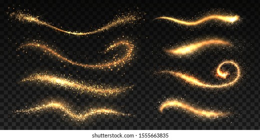 Sparkle stardust. Golden glittering dust brush templates, shining star or comet trails, Christmas shimmer texture. Vector image glowing effect brightness wave fairy glamour magics illustration