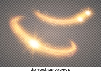 Sparkle stardust. Golden glittering magic vector waves with gold particles isolated on black background. Glitter bright trail, glowing wave shimmer illustration