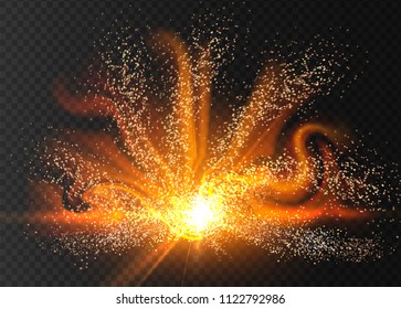 Sparkle stardust. Golden glittering magic vector waves with gold particles isolated on black background. Glitter bright trail, glowing wave shimmer, shining universe. Vector illustration.