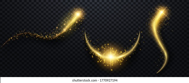Sparkle stardust. Golden glittering magic vector waves with gold particles collection. Twirl with shiny Christmas confetti on premium luxury black background. Glowing lines. Light effect.