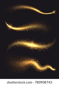 Sparkle Stardust. Golden Glittering Magic Vector Waves With Gold Particles Collection. Golden Sparkle Glitter, Illustration Of Shiny Stardust Trail