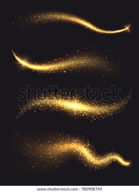 Sparkle stardust. Golden glittering magic vector\
waves with gold particles collection. Golden sparkle glitter,\
illustration of shiny stardust\
trail