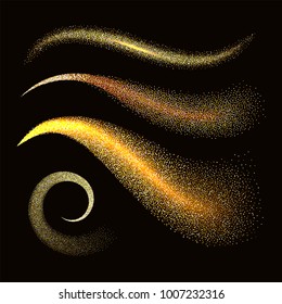 Sparkle stardust. Golden glittering waves with gold particles on black background. Vector illustration design template.