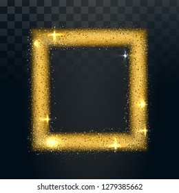 Sparkle stardust in square shape, glitter template with transparent background. Gold shining particles abstract frame. Holiday vector illustration. Sparkling lights, stars, confetti.