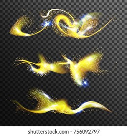 Sparkle Stardust Vector. Glowing Wave Shimmer. Bright Yellow Trail. Glittering Sequins In The Air. Isolated On Transparent Background Illustration