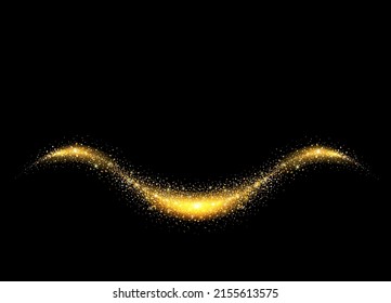 Sparkle stardust wave. Golden glittering magic curve with gold particles isolated on black background. glowing wavy undulating element. Vector