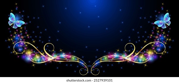 Sparkle stars frame with golden ornament and Flying two blue butterflies in cosmic space. Animal protection day concept or birthday card for birthday.