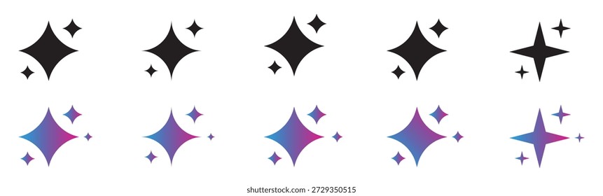Sparkle Stars Symbol-Set Vektor, Magic Shine Twinkle Starburst Symbole, Glitzer Lichteffekt Elemente für UI, App, Logo, Dekoration, Minimal Schwarz Lila Illustration