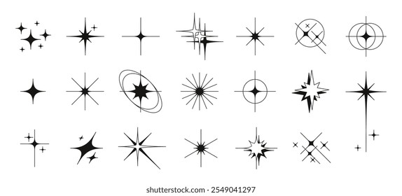 Icono de estrellas brillantes, símbolos de silueta de forma de estrella centelleante. Formas minimalistas de ráfaga de luz brillante, destellos cósmicos estéticos y2k, efecto mágico brillante o centelleante, conjunto de Vector de Elementos de estilo boho