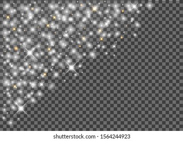 Sparkle stars with magical glitter particles on transparent background. Magic christmas decoration. Twinkle star glow effect. Shine lights. White sparkle stardust for holiday. vector eps10