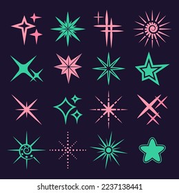 Sparkle stars set, christmas twinkle colorful icons. Magic shine effect, glitter shiny shapes, light pink and green glow spark firework. Bright geometry pictograms vector flat current symbols