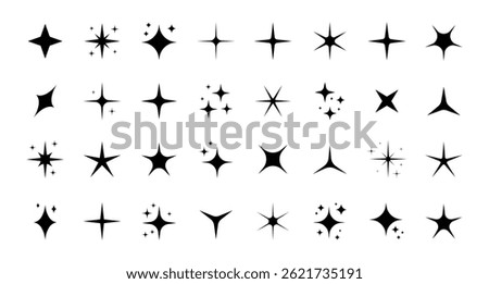 Sparkle, stars or shine icon set vector collection of different stars in black color. Shine icon for magic, pattern, doodle, light and charm use.