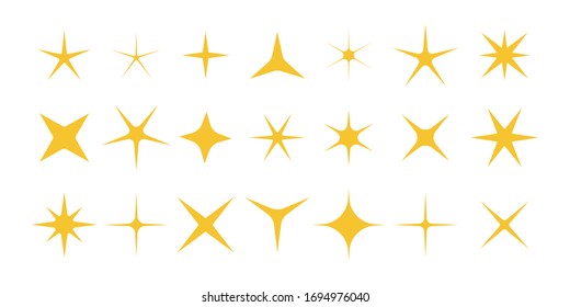 Sparkle of stars. Shiny, twinkle and bright stars. Symbols with magic glitter isolated on white background. Yellow decorative gold icons for holiday and christmas. Starburst glowing. Vector.