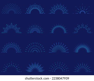 Sparkle Sunlight in Half Circle Shape. Sunburst Lines. Sunshine Vintage Light Icon Set. Starburst Radial Emblem. Sunbeam Abstract Decoration. Star Blast Symbol. Isolated Vector Illustration.