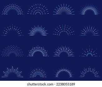 Esparce la luz solar en forma de semicírculo. Líneas de arrebato de sol. Conjunto de iconos de luz de la vendimia de sol. Emblema Radial Starburst. Decoración Abstracta Sunbeam. Símbolo de explosión de estrella. Ilustración de vectores aislados.