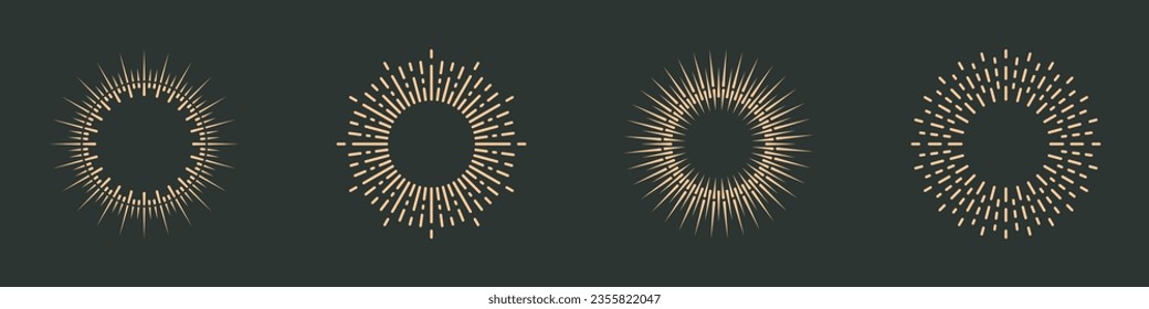 Sparkle Sunrise, Sunbeam, Round Ray, Firework Symbol Collection. Sunburst Icon Set. Circle Sun Burst, Radial Light Pictogram. Vintage Decorative. Abstract Starburst. Isolated Vector Illustration.