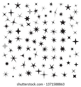 Sparkle Symbols. Big Collection of Black Sparkle Signs and Irregular Cartoon Style Stars on a White Background. Vector Illustration