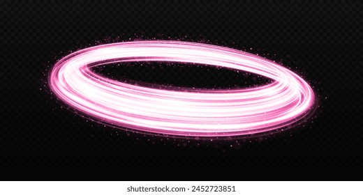 Círculos giratorios brillantes con efecto de luz. Camino mágico de luz rosa con brillantes estrellas y chispas.