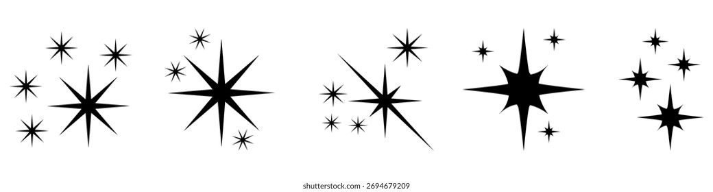 Conjunto de iconos de vectores brillantes. Ilustración de símbolo de brillo. Colección de signo de estrella. Conjunto de iconos web de Sparkles.