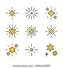 Sparkle vector illustration set. Star icon flat design element. Bright firework decoration twinkle, flash. Glowing light effect and burst collection.