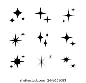 Sparkle vector silhouette set. Star icon flat design element. Bright firework decoration twinkle, flash. Glowing light effect and burst collection.