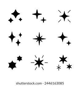 Sparkle vector silhouette set. Star icon flat design element. Bright firework decoration twinkle, flash. Glowing light effect and burst collection.