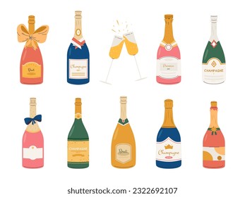 Sparkle wine bottles, holiday champagne bottle and grasses. New year party drinks. Brut, prosecco alcoholic beverages. Snugly celebrate vector elements