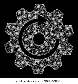 El bastidor del cable del parqueador rota el engranaje con manchas brillantes. Marco vectorial generado a partir del icono del engranaje de rotación y de las líneas interseccionadas. La malla del marco brillante rota el engranaje sobre un fondo negro.