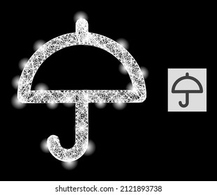 Sparkle wire frame umbrella with light spots on a black background. Bright vector mesh based on umbrella icon, with intersected mesh and light dots.