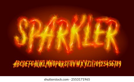 Fuente del alfabeto Sparkler. Letras y números de color neón distorsionados. Stock Vector typescript para su diseño.