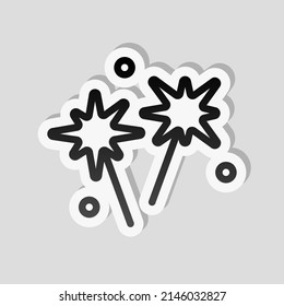 Sparkler beam, simple icon of firework. Linear sticker, white border and simple shadow on gray background