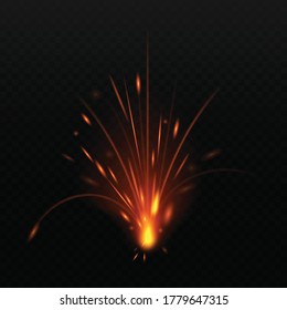 Sparkler or bengal festive light effect realistic vector illustration isolated on dark transparent background. Fire sparks light abstract glowing effect mockup.