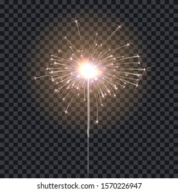 Sparkler or bengal fire lighting element festive decoration. Magic firework for holiday and birthday. Isolated on transparent background. Vector stock illustration.