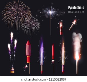 Sparkler bengal lights pyrotechnics realistic set of isolated firework display spots and pyrotechnic devices in action vector illustration