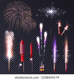 Sparkler bengal lights pyrotechnics realistic transparent set with isolated images of luminous spots and pyrotechnic supplies vector illustration