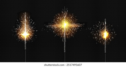 Sparkler candle light and bengal firework isolated vector. Birthday or diwali party realistic yellow burst. Bright burning stick with spark and shine design set. Flash glow closeup illustration