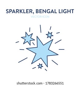 Sparkler fire icon. Big flashes from a lit sparkler. Vector outline illustration of an ignited bengal light creating bright and beautiful flashes in a shape of a star
