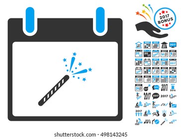 Sparkler Firecracker Calendar Day icon with bonus calendar and time management design elements. Vector illustration style is flat iconic symbols, blue and gray colors, white background.