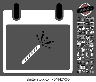 Sparkler Firecracker Calendar Day icon with bonus calendar and time management graphic icons. Vector illustration style is flat iconic symbols, black and white, gray background.