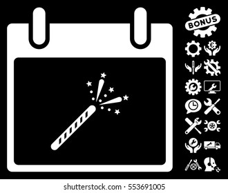 Sparkler Firecracker Calendar Day icon with bonus tools graphic icons. Vector illustration style is flat iconic symbols, white, black background.