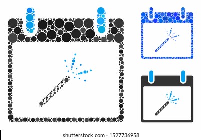 Sparkler firecracker calendar day mosaic of small circles in variable sizes and color tinges, based on sparkler firecracker calendar day icon. Vector filled circles are grouped into blue mosaic.