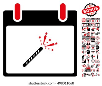 Sparkler Firecracker Calendar Day pictograph with bonus calendar and time management clip art. Vector illustration style is flat iconic symbols, intensive red and black, white background.