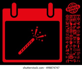Sparkler Firecracker Calendar Day pictograph with bonus calendar and time management pictograms. Vector illustration style is flat iconic symbols, red, black background.